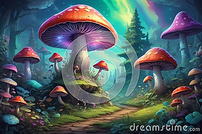 Big Magic Iridescent Colorful Mushrooms in the wood - Ai generated illustration Cartoon Illustration