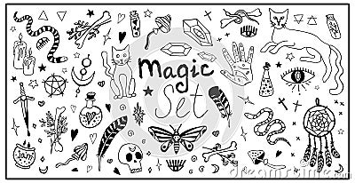 Big magic set vector isolated elements. Mystical items, witchcraft, spiritism, divination. Vector Illustration