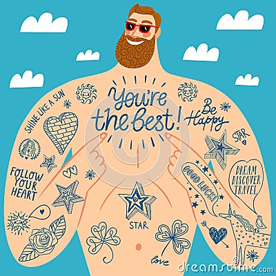 Big man`s tattooed chest with greetings and doodle drawings Vector Illustration