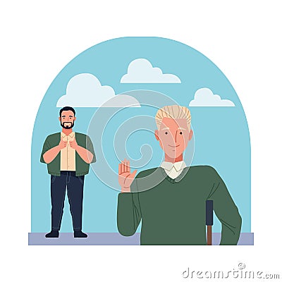 Big and man in crutch perfectly imperfect characters Vector Illustration