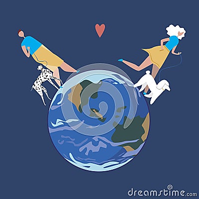 Big master with a dog and a small planet earth isolated on a blue background as a dog breeding concept, flat stock vector Vector Illustration