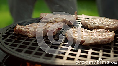 Big meat slices browning on grate. Juicy meat steaks frying on grill outdoors Stock Photo