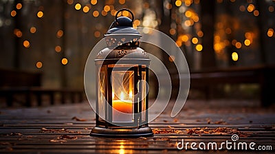 Big metal lantern with a burning candle inside, outdoors on the wooden ground Stock Photo