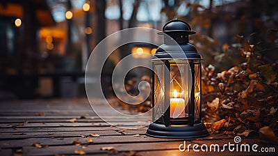 Big metal lantern with a burning candle inside, outdoors on the wooden ground Stock Photo