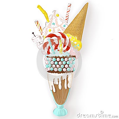 Big milkshake with ice cream, candies, marshmallow, cream and lollipop . Sweet beautiful dessert giant milkshake Vector Illustration