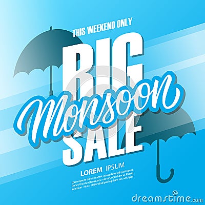 Big Monsoon Season Sale special offer banner with hand drawn lettering and umbrellas for monsoon season shopping. Vector Illustration