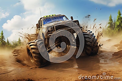 Big monster truck roaring through muddy obstacle course. Generative AI Stock Photo