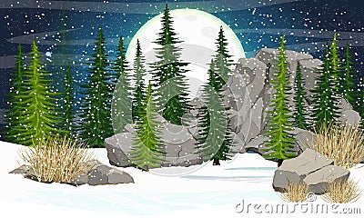 Big moon with craters in the night sky. Spruce forest, stones and mountains Vector Illustration