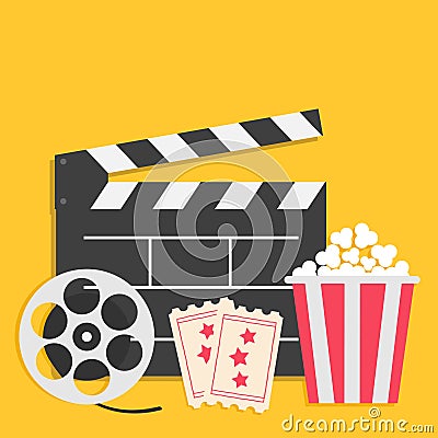 Big movie reel Open clapper board Popcorn box package Ticket Admit one. Three star. Cinema icon set. Flat design style. Yellow bac Vector Illustration