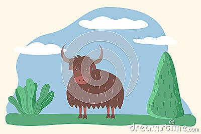 Muskox or Bull, Wild Animal Standing on Meadow Vector Illustration