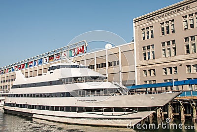 Big neutral yacht moored on the city`s waterfront side area of the town of Boston USA Massachusetts Editorial Stock Photo