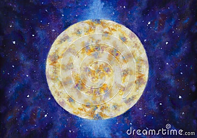 A large warm glowing moon in a blue violet starry space. Cartoon Illustration