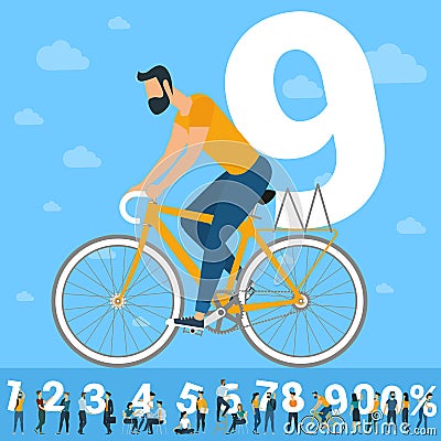 Big Nine number. White numbers illustration with young people. Vector Illustration