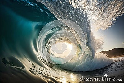 Big ocean clear blue surfer wave tube closeup. Generative AI Cartoon Illustration