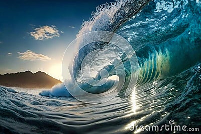 Big ocean clear blue surfer wave tube closeup. Generative AI Cartoon Illustration
