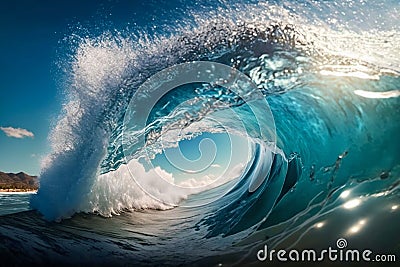 Big ocean clear blue surfer wave tube closeup. Generative AI Cartoon Illustration