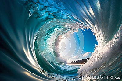 Big ocean clear blue surfer wave tube closeup. Generative AI Cartoon Illustration