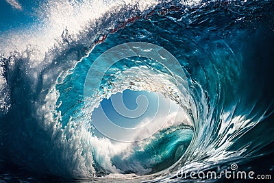 Big ocean clear blue surfer wave tube closeup. Generative AI Cartoon Illustration