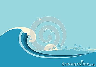 Big ocean wave and tropical island. Vector blue background Vector Illustration