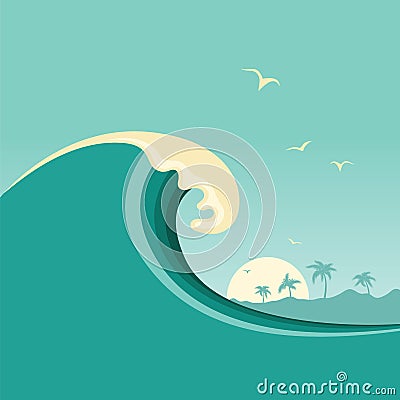 Big ocean wave and tropical island.Vector poster background Vector Illustration