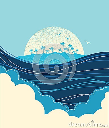Big ocean waves and tropical island.Vector blue illustration Vector Illustration