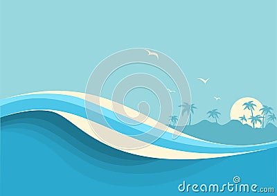 Big ocean waves .Vector seascape with sea waves and sky background Vector Illustration