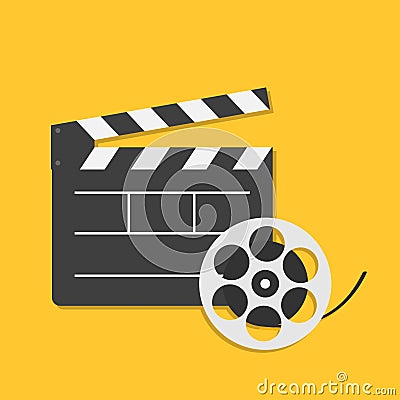 Big open clapper board Movie reel Cinema icon set. Flat design style. Yellow background. Isolated Vector Illustration