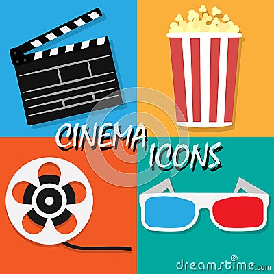 Big open clapper board Movie reel Cinema icon set. Movie and film elements in flat design. Cinema and Movie time flat icons with f Vector Illustration