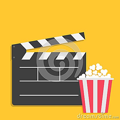 Big open clapper board Popcorn Cinema red white lined box icon set. Flat design style. Yellow background. Vector Illustration