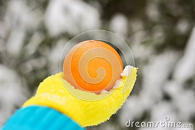 Big orange in hand in yellow glove on forest background Stock Photo