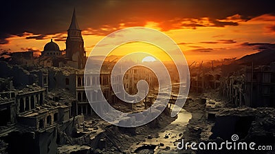 Big orange Sun over the totaly ruined city after a disaster or apocalypse. Generative ai Stock Photo