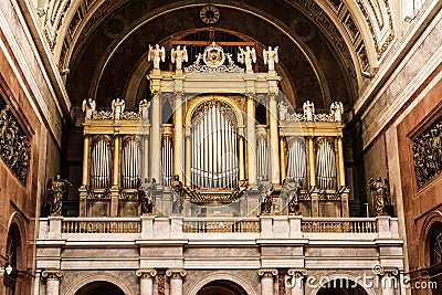 Big organ in Esztergom basilica, interior of religious architect Stock Photo