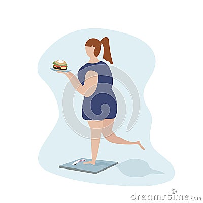 A big overweight woman stands on the scales and wants to lose weight, to become slim. She`s holding a burger plate. The concept of Vector Illustration