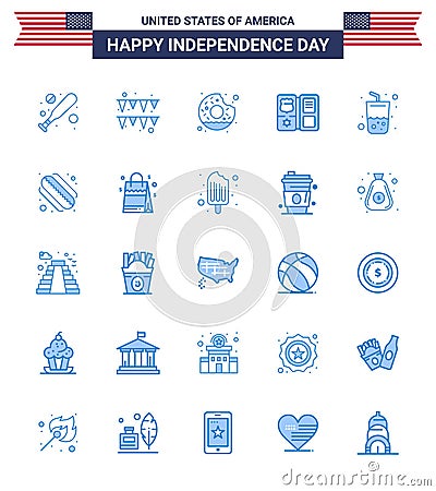 Big Pack of 25 USA Happy Independence Day USA Vector Blues and Editable Symbols of cola; drink; yummy; glass; american Vector Illustration