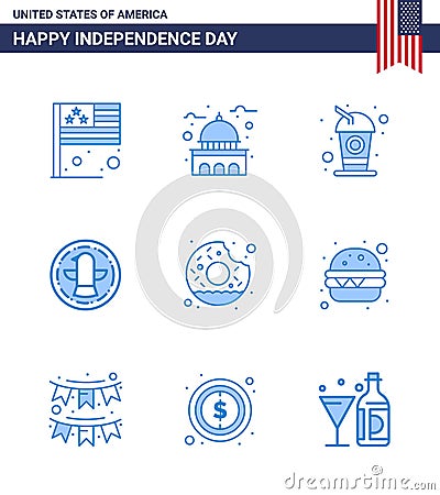 Big Pack of 9 USA Happy Independence Day USA Vector Blues and Editable Symbols of donut; celebration; white; bird; soda Vector Illustration