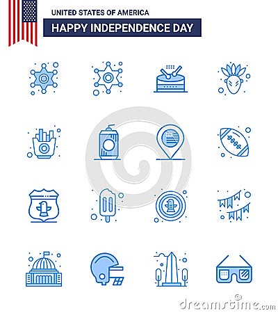 Big Pack of 16 USA Happy Independence Day USA Vector Blues and Editable Symbols of drink; bottle; american; chips; food Vector Illustration