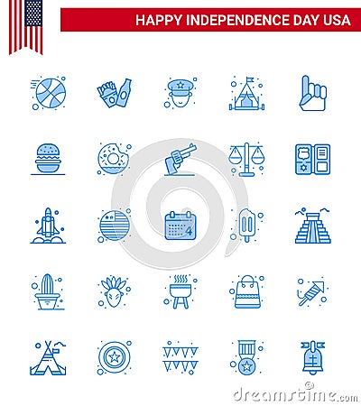 Big Pack of 25 USA Happy Independence Day USA Vector Blues and Editable Symbols of eat; american; police; usa; foam hand Vector Illustration