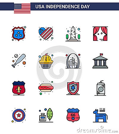 Big Pack of 16 USA Happy Independence Day USA Vector Flat Filled Lines and Editable Symbols of baseball; theatre; landmark; Vector Illustration