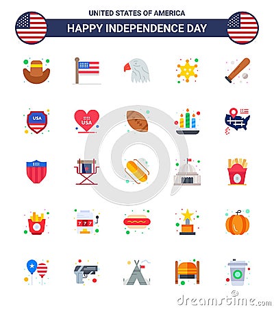 Big Pack of 25 USA Happy Independence Day USA Vector Flats and Editable Symbols of bat; ball; bird; star; military Vector Illustration