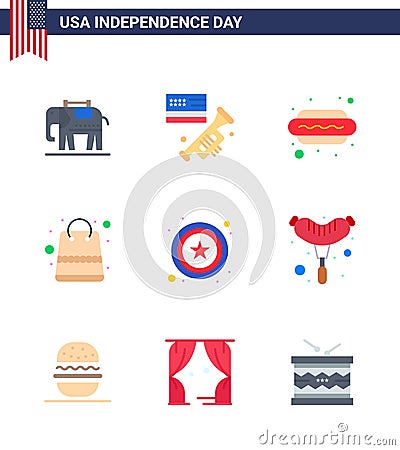 Big Pack of 9 USA Happy Independence Day USA Vector Flats and Editable Symbols of sign; police; dog; shop; money Vector Illustration