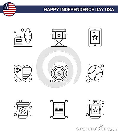 Big Pack of 9 USA Happy Independence Day USA Vector Lines and Editable Symbols of usa; flag; television; country; ireland Vector Illustration