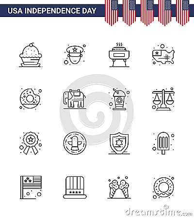 Big Pack of 16 USA Happy Independence Day USA Vector Lines and Editable Symbols of round; usa; barbeque; united; map Vector Illustration