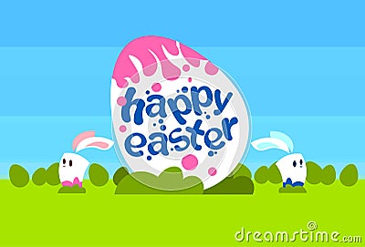 Big Painted Egg Happy Easter Holiday Rabbits Bunny Couple Spring Natural Background Blue Sky Green Grass Vector Illustration