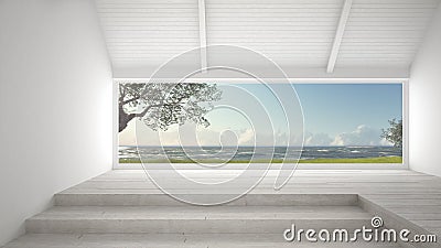 Big panoramic window with grass garden, olives trees and rough s Stock Photo