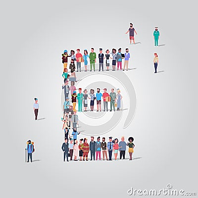 Big people crowd gathering in shape letter E different occupation employees group standing together English alphabet Vector Illustration