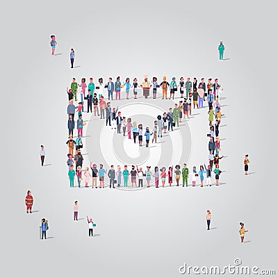 Big people crowd standing together in shape of envelope icon different occupation employees group social network Vector Illustration