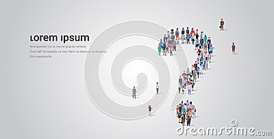 Big people crowd standing together in shape of question mark sign different occupation employees group pondering problem Vector Illustration