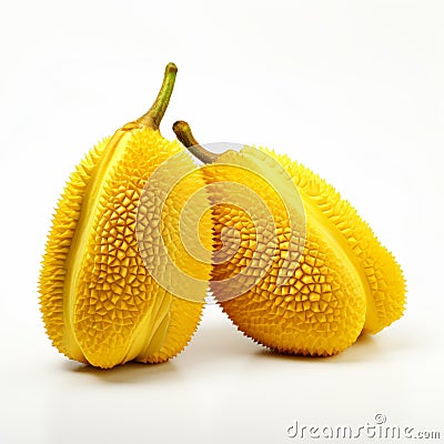 Visually Tactile Surfaces: Two Yellow Jackfruits On White Background Stock Photo