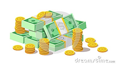 Big pile of cash money banknotes and gold coins, cents. Vector Illustration