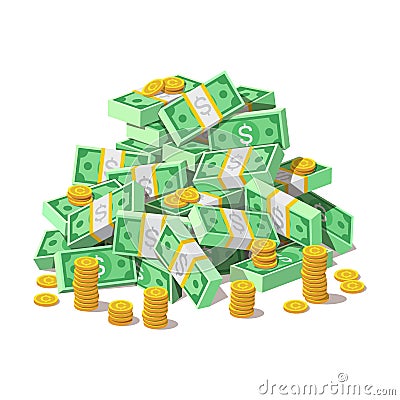 Big pile of cash money banknotes and gold coins, cents. Vector Illustration